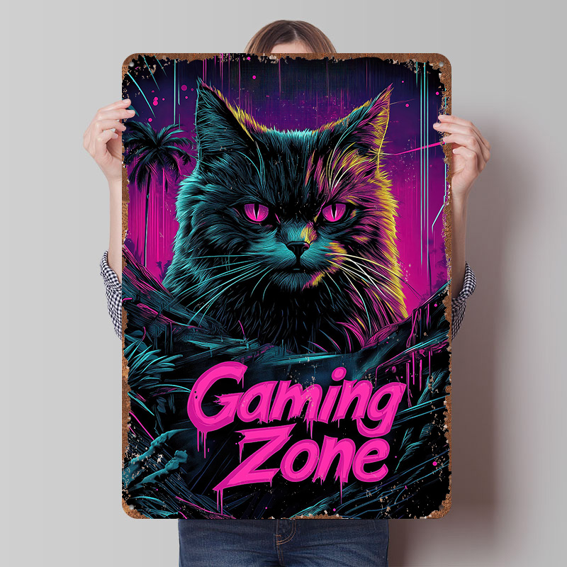 Retro Gaming At Home - Placa de Metal Decorativa Gaming Cat